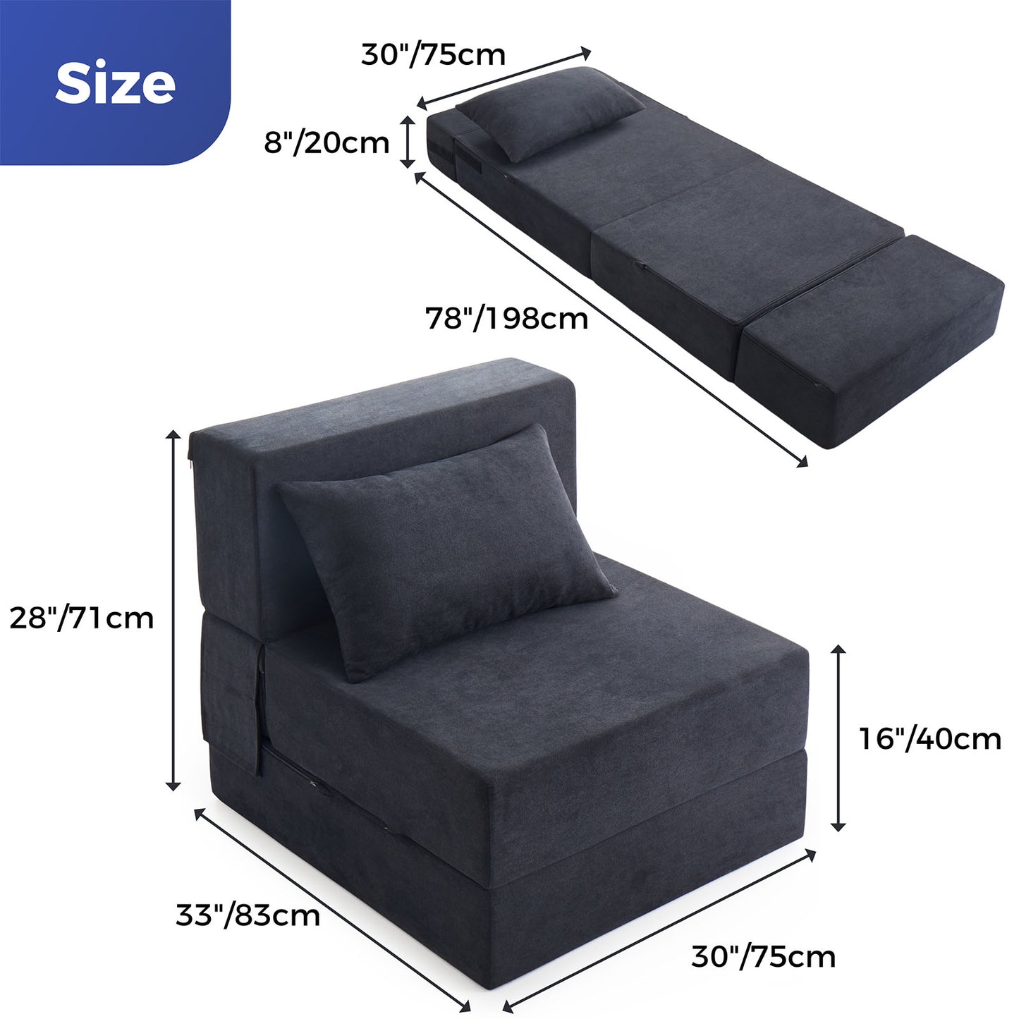 Jamdok Multifunctional Convertible Folding Sofa Bed Chair, Single Size Foldable Mattress Sleeper with Pillow, Floor Lounge for for Living Room