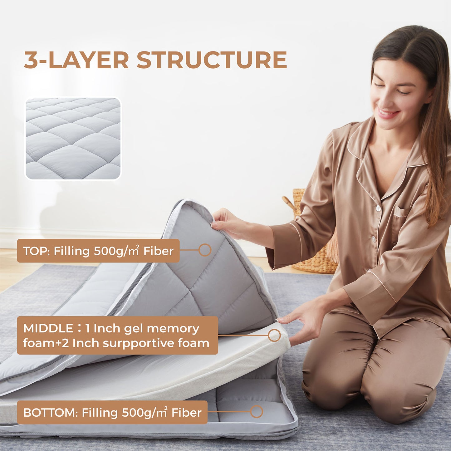 Jamdok 4Inch cot mattress topper,3 layer stucture,gel memory foam
