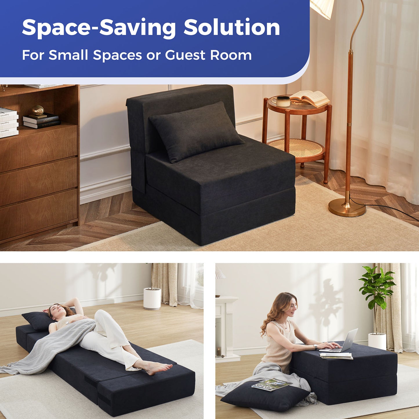 Jamdok Multifunctional Convertible Folding Sofa Bed Chair, Single Size Foldable Mattress Sleeper with Pillow, Floor Lounge for for Living Room