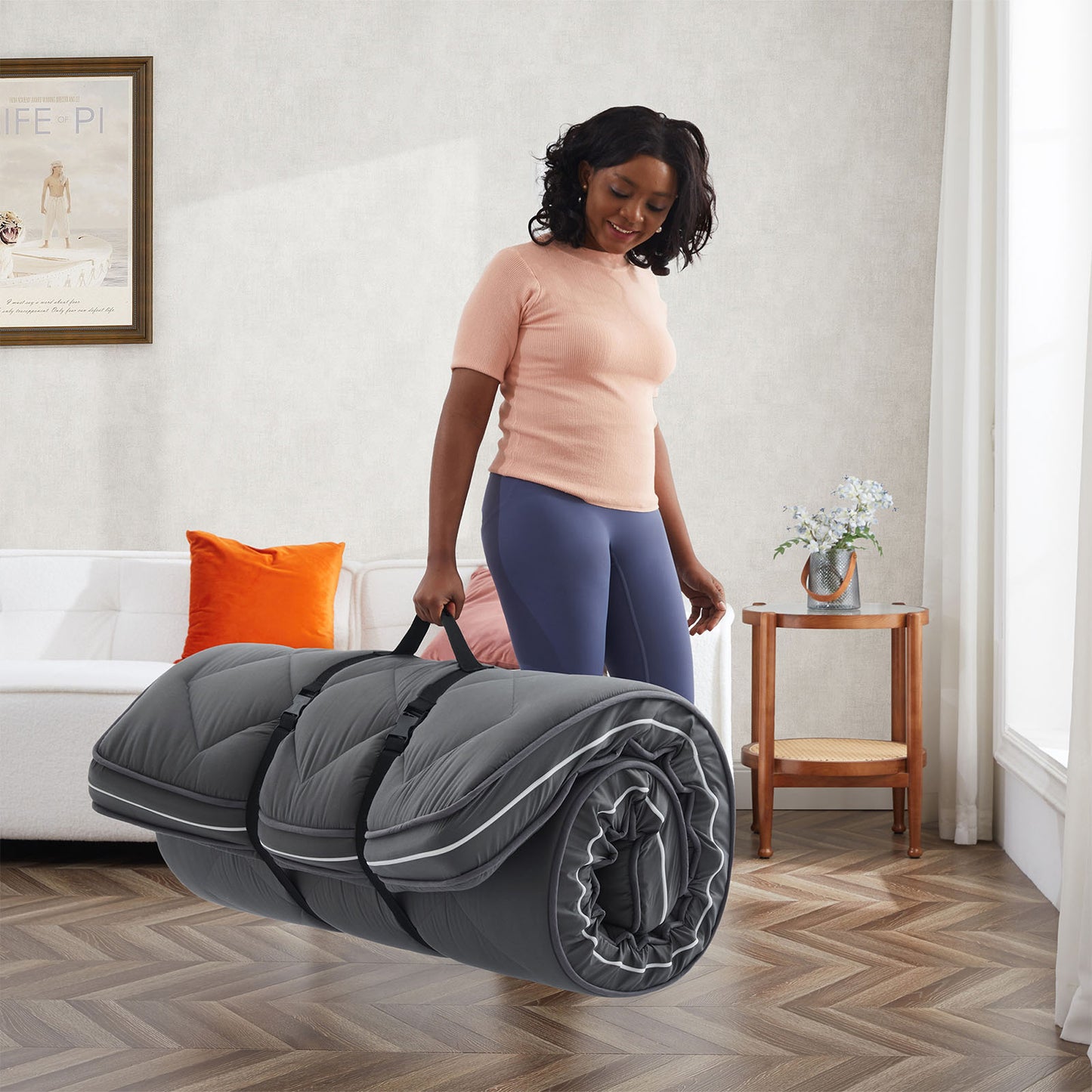 Jamdok 4Inch Floor Mattress,3 Layer Structure Cot Mattress Topper,Gel Memory Foam,Removable Thickened Cover (Dark Gray)